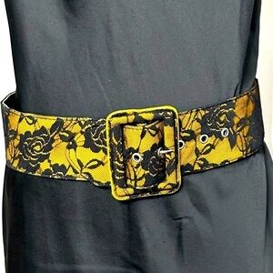 Belt Gold & Black Floral Lace Wide Faux Leather Fabric Boudoir Mysterious 34